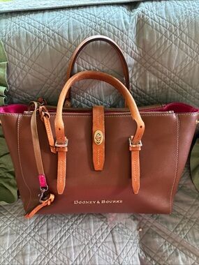 Dooney & Bourke Brown Leather Tote with Pink Interior Trim Pebble